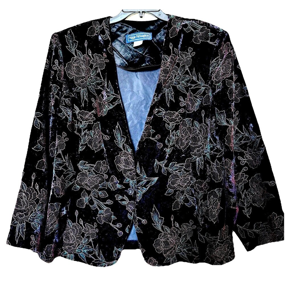VTG Maggie McNaughton Blazer Sz 18W Velvet Black Gold Thread Long Sleeve USA